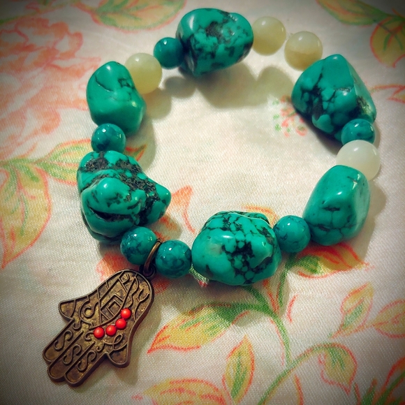 None Jewelry - Turquoise and Crystal hemsa stretch bracelet